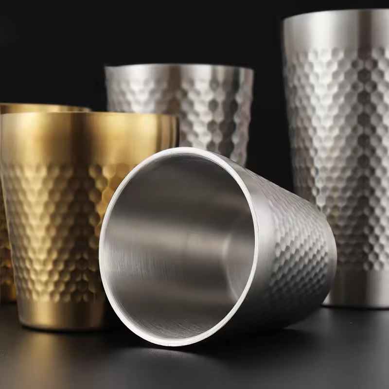 Hammer Pattern Non slip Double Wall Anti Scalding Gold Stainless Steel 304 Party Camping Cola Water Tea Coffee Beer Mug Cup Set