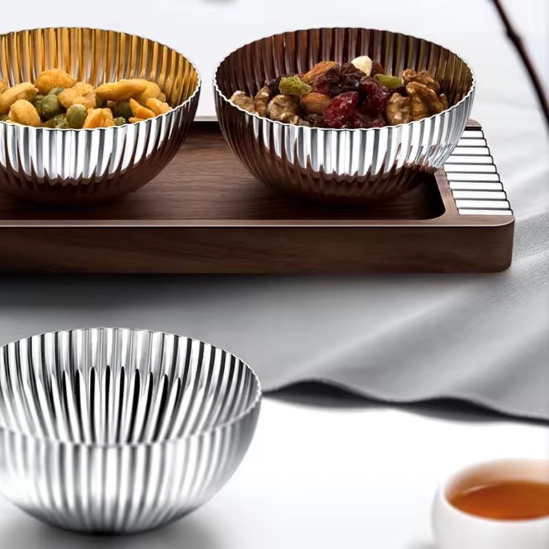 3 Pcs10cm Multipurpose Home Hotel Stainless Steel 304 Wooden Tray Dry Fruit Nut Serving Decorative Bowl Gift Set for Home Decor