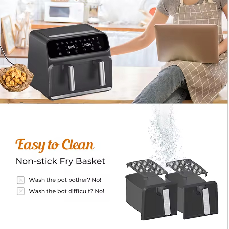 Smart Modern Household Multifunctional Electric LCD Display Baking Plastic 8L Double Basket Air Fryer Oven with French Style