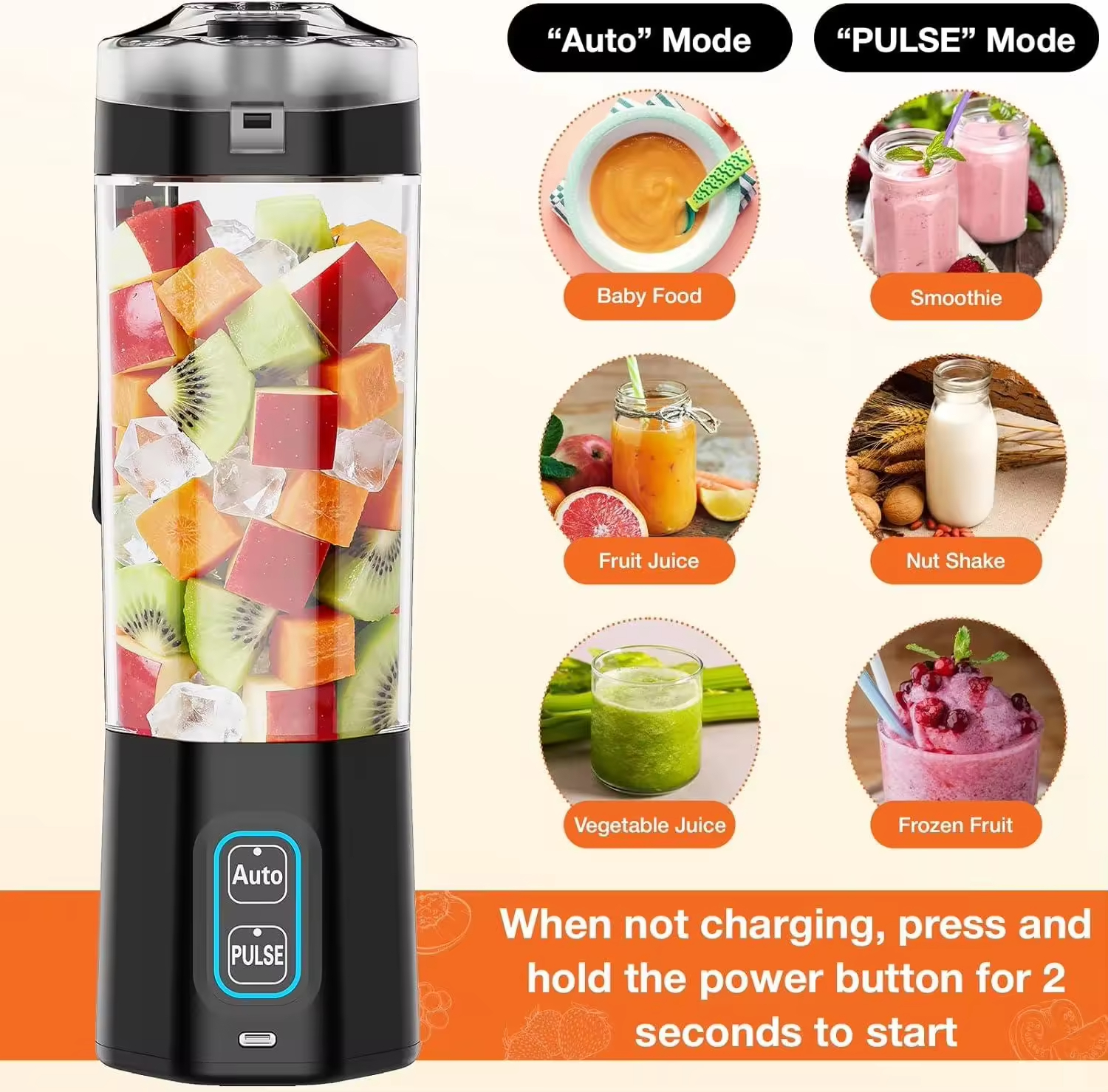 24 Oz 6000mah Shakes Automatic + New Pulse Function Type Juice Cup Rechargeable Portable Blender