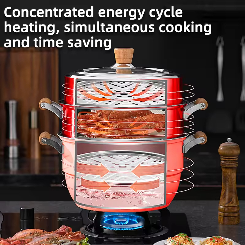 3 Layer Stainless Steel 304 Large Capacity Heatproof Handle Fast Work Dumpling Seafood Big Cookware Steamer Pot Set for Cooking