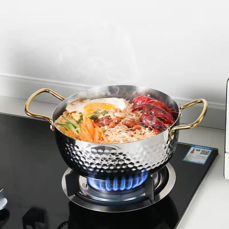 Hammer Pattern Stainless Steel Home Use Gas Induction Seafood Ramen Noodles Cooking Pot Double Ear Casserole Cookware Set