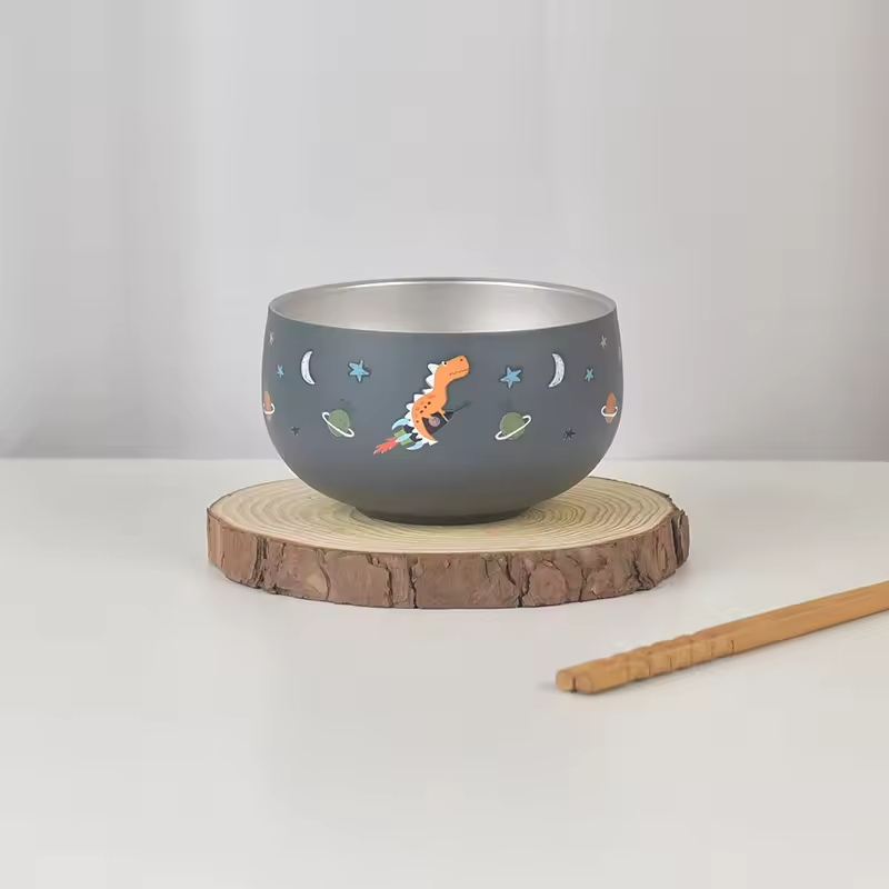 Custom Embossed Cute Pattern Double Wall Heatproof Food Safety Family Metal Sus 316 Easy Cleaning Lunch Dinner Kid Children Bowl