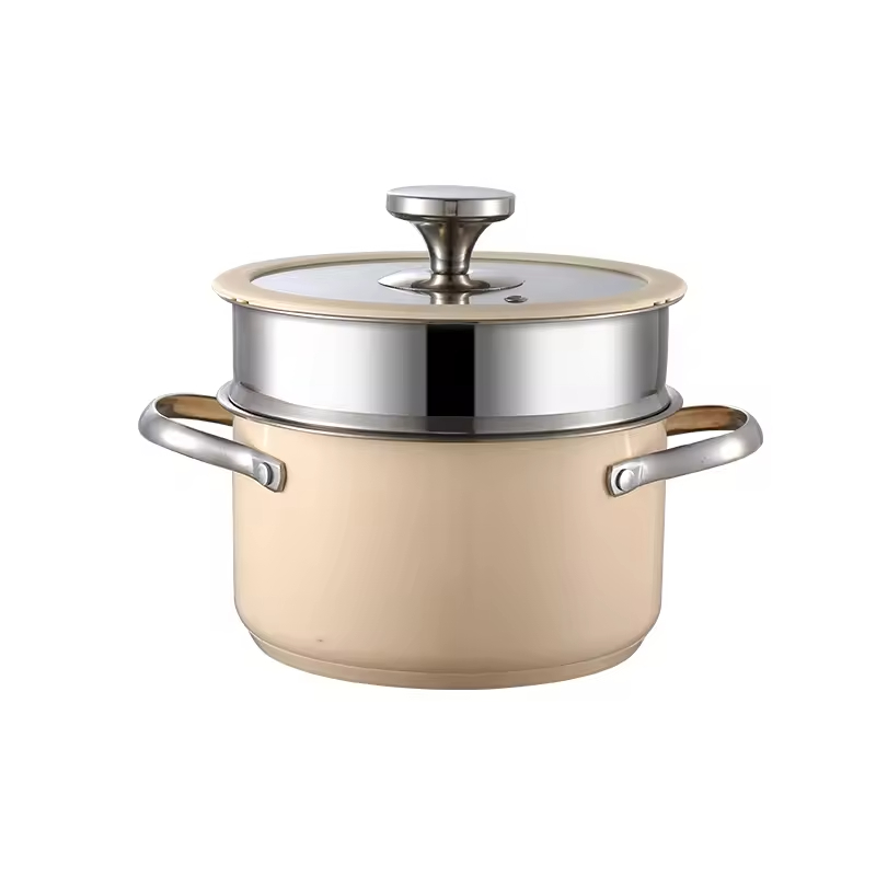 Multipurpose Korean Style Double Layer Ceramic Coating Colored Household Kitchen Stainless Steel Steamer Cook Pot Cookware