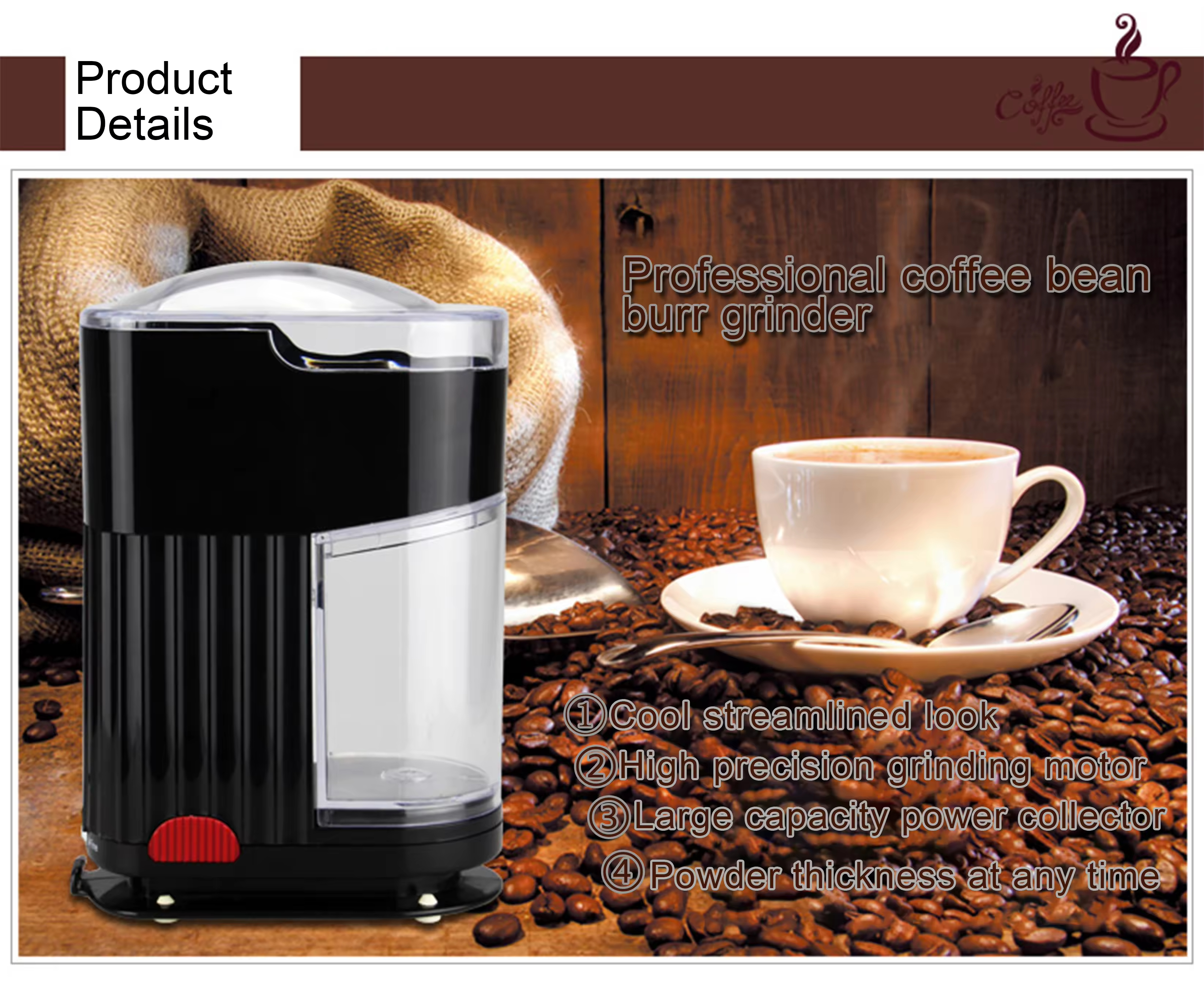 Commercial Manual Conical Burr Stainless Steel Coffee Grinder Machine with Heated Drying System 60g Capacity