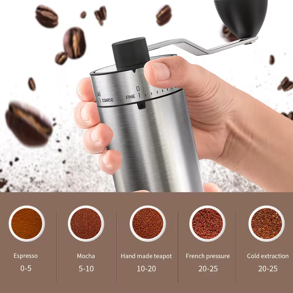 40 Adjustable Settings Stainless Steel Ceramic Core Mini Handle Manual Coffee Bean Grinder Mill with 25 Capacity Visible Lid