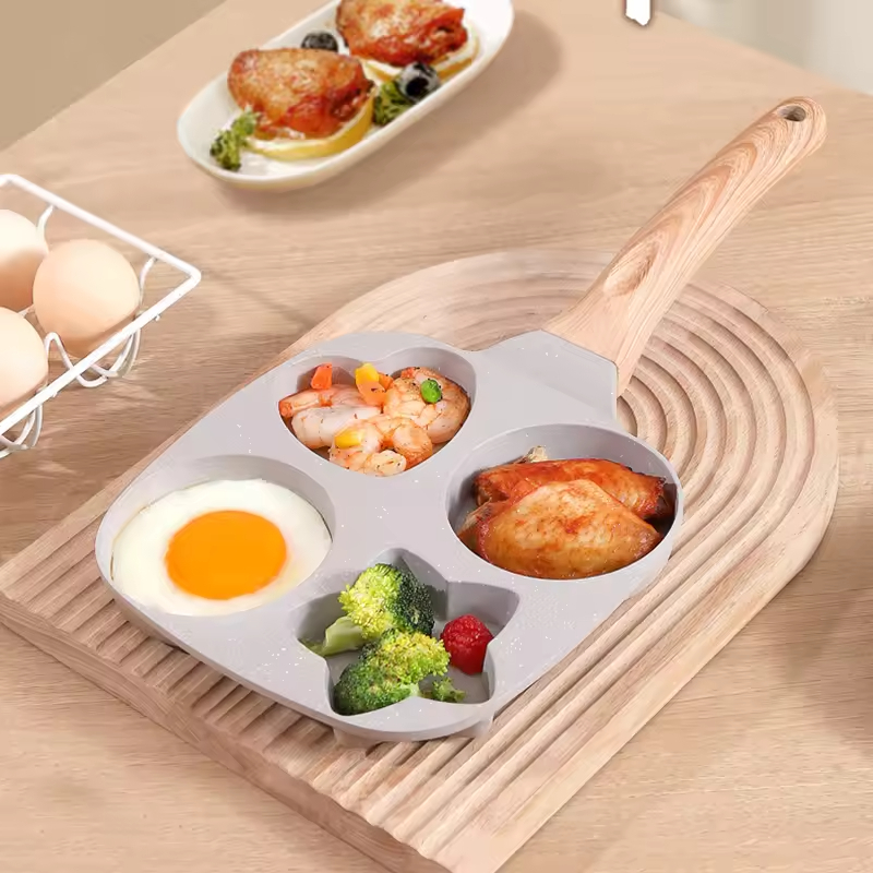 Modern Non-stick Aluminum Square Star Hole Egg Frying Pan 4-Hole Wood Handle 1L Capacity Eco-Friendly Cooking Accessory