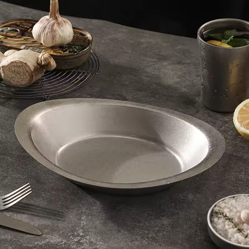 New 0.8 mm 11 Inches Retro Style Decor Stainless Steel 304 Outdoor Party Camping Restaurant Dinner Metal Sushi Oval Plate Dish