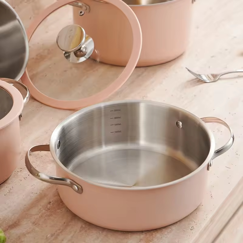 Custom Wholesale Fashion Colored Pink Stainless Steel 304 Kitchenware Induction Casserole Cooking Hot Soup Pot Cookware Sets
