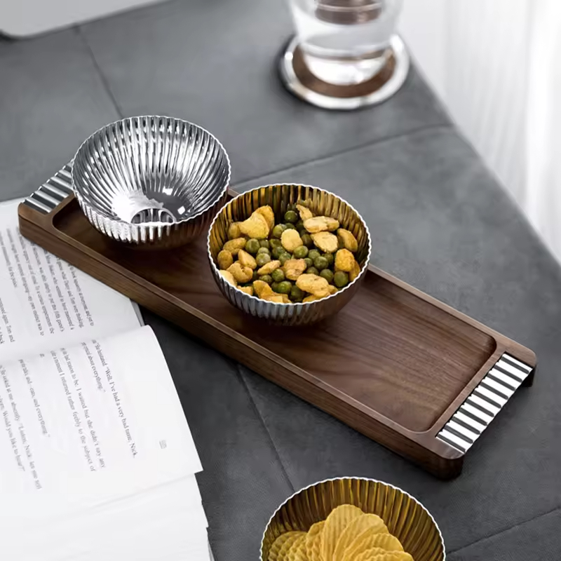 3 Pcs10cm Multipurpose Home Hotel Stainless Steel 304 Wooden Tray Dry Fruit Nut Serving Decorative Bowl Gift Set for Home Decor