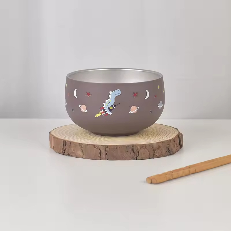Custom Embossed Cute Pattern Double Wall Heatproof Food Safety Family Metal Sus 316 Easy Cleaning Lunch Dinner Kid Children Bowl