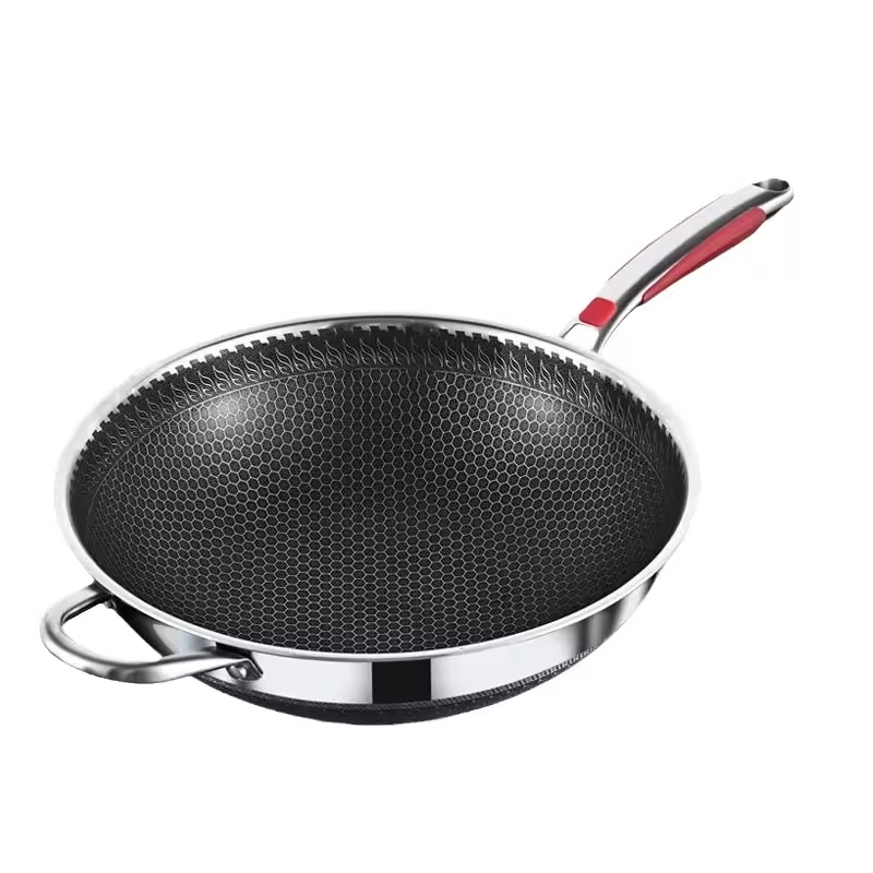 Custom Great Quality Anti Scalding Handle Stainless Steel 316 Double Honeycomb Fast Induction Non Stick Pattern Frying Wok Pan
