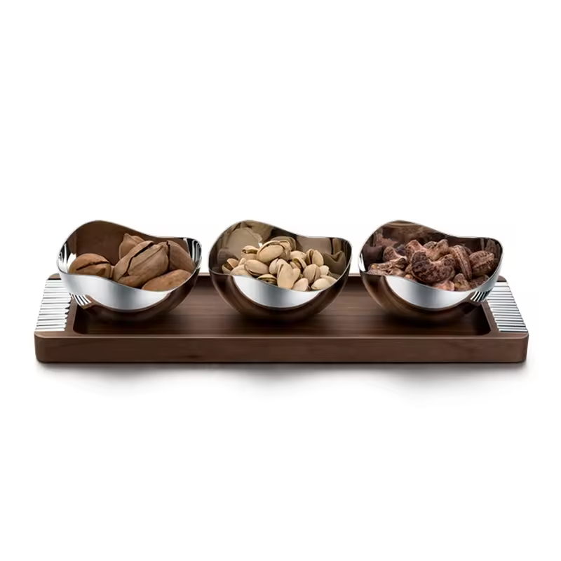 3 Pcs10cm Multipurpose Home Hotel Stainless Steel 304 Wooden Tray Dry Fruit Nut Serving Decorative Bowl Gift Set for Home Decor