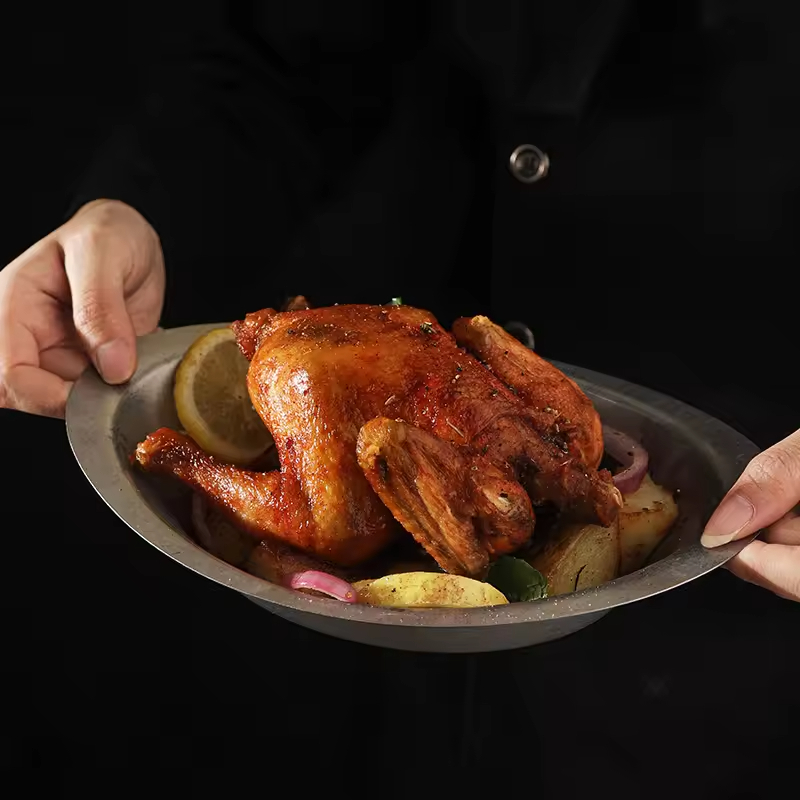 New 0.8 mm 11 Inches Retro Style Decor Stainless Steel 304 Outdoor Party Camping Restaurant Dinner Metal Sushi Oval Plate Dish