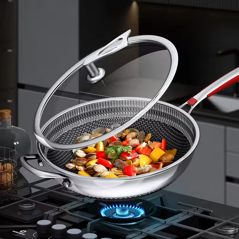 Custom Great Quality Anti Scalding Handle Stainless Steel 316 Double Honeycomb Fast Induction Non Stick Pattern Frying Wok Pan