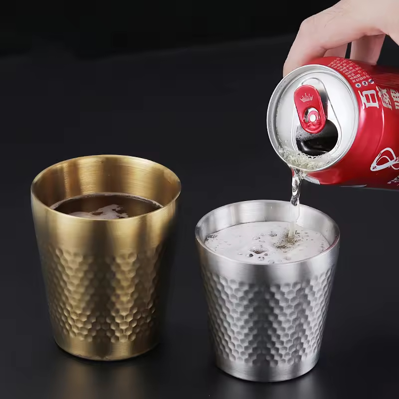 Hammer Pattern Non slip Double Wall Anti Scalding Gold Stainless Steel 304 Party Camping Cola Water Tea Coffee Beer Mug Cup Set