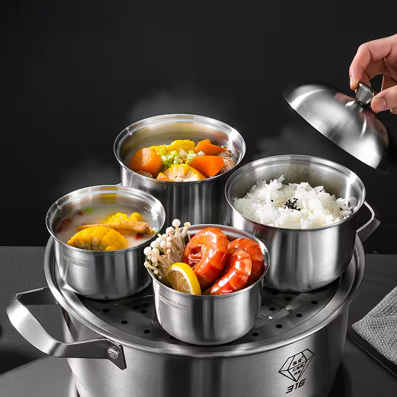 Factory Upgrade Large Capacity 400 800ml Thicken Induction All Stainless Steel 304 Nutrition Steam Cooking Soup Bowl with Lid