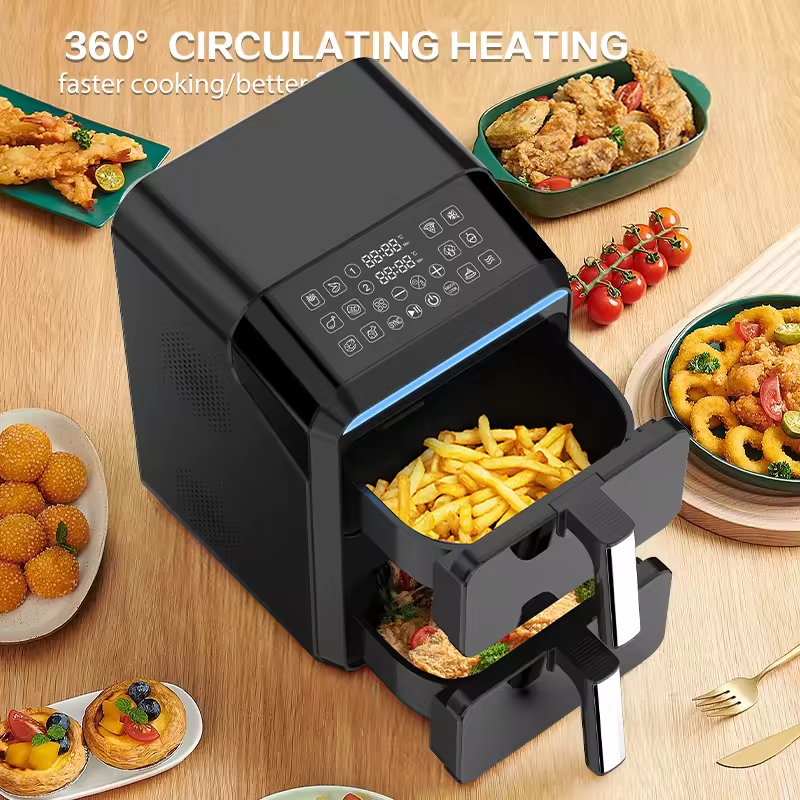 Double 2-Basket 9L Modern Air Fryer Electric Plastic Square LED Baking Non-Stick Easy Clean Visible Window Cook Household Use