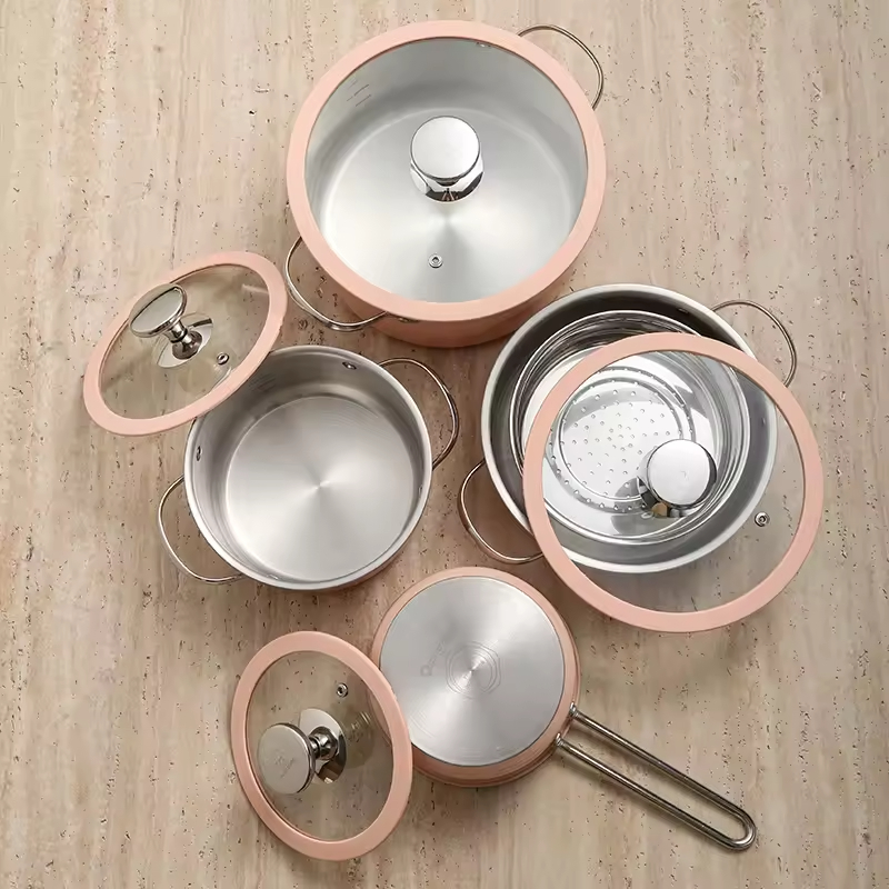 Custom Wholesale Fashion Colored Pink Stainless Steel 304 Kitchenware Induction Casserole Cooking Hot Soup Pot Cookware Sets