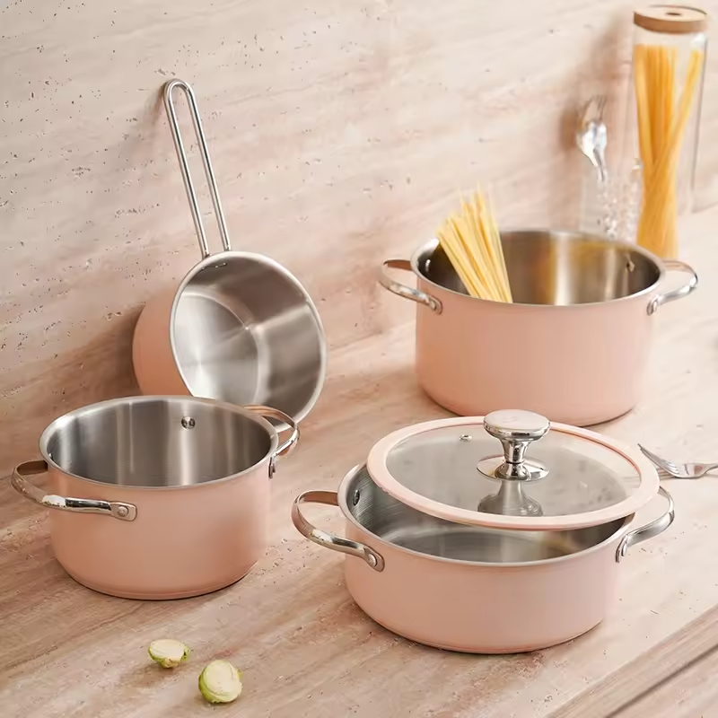 Custom Wholesale Fashion Colored Pink Stainless Steel 304 Kitchenware Induction Casserole Cooking Hot Soup Pot Cookware Sets