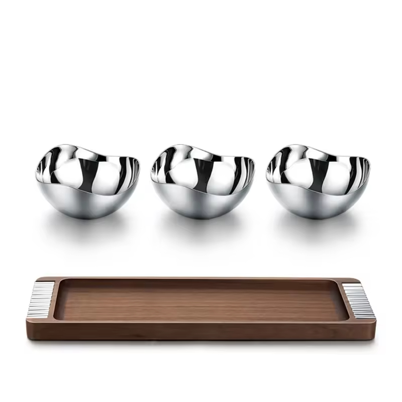 3 Pcs10cm Multipurpose Home Hotel Stainless Steel 304 Wooden Tray Dry Fruit Nut Serving Decorative Bowl Gift Set for Home Decor