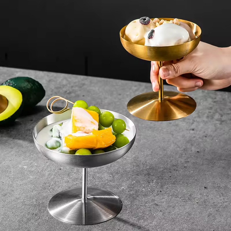 Fast Shipment Golden High Frost-proof Bottom Round Food Safety Metal Yogurt Juice Cocktail Wine Stainless Steel Ice Cream Cup