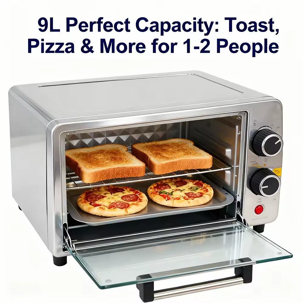 Portable Mini Household 9L Electric Convection Oven Stainless Steel Mechanical Timer Control Light Indicator Overheat Protection