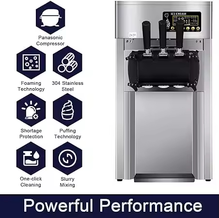 18L/H Commercial Soft Ice Cream Machine 20 Cups Continuous 1200W LED Display 3 Flavors