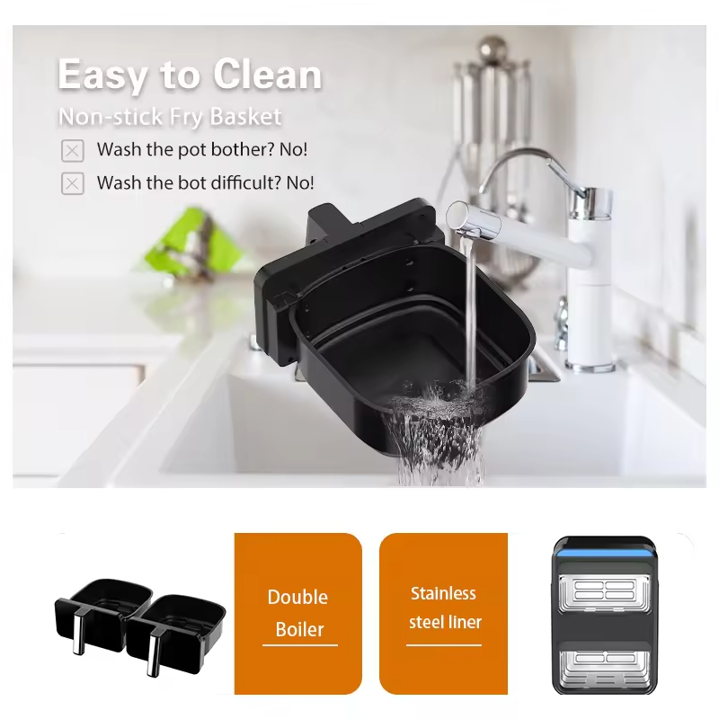 Double 2-Basket 9L Modern Air Fryer Electric Plastic Square LED Baking Non-Stick Easy Clean Visible Window Cook Household Use