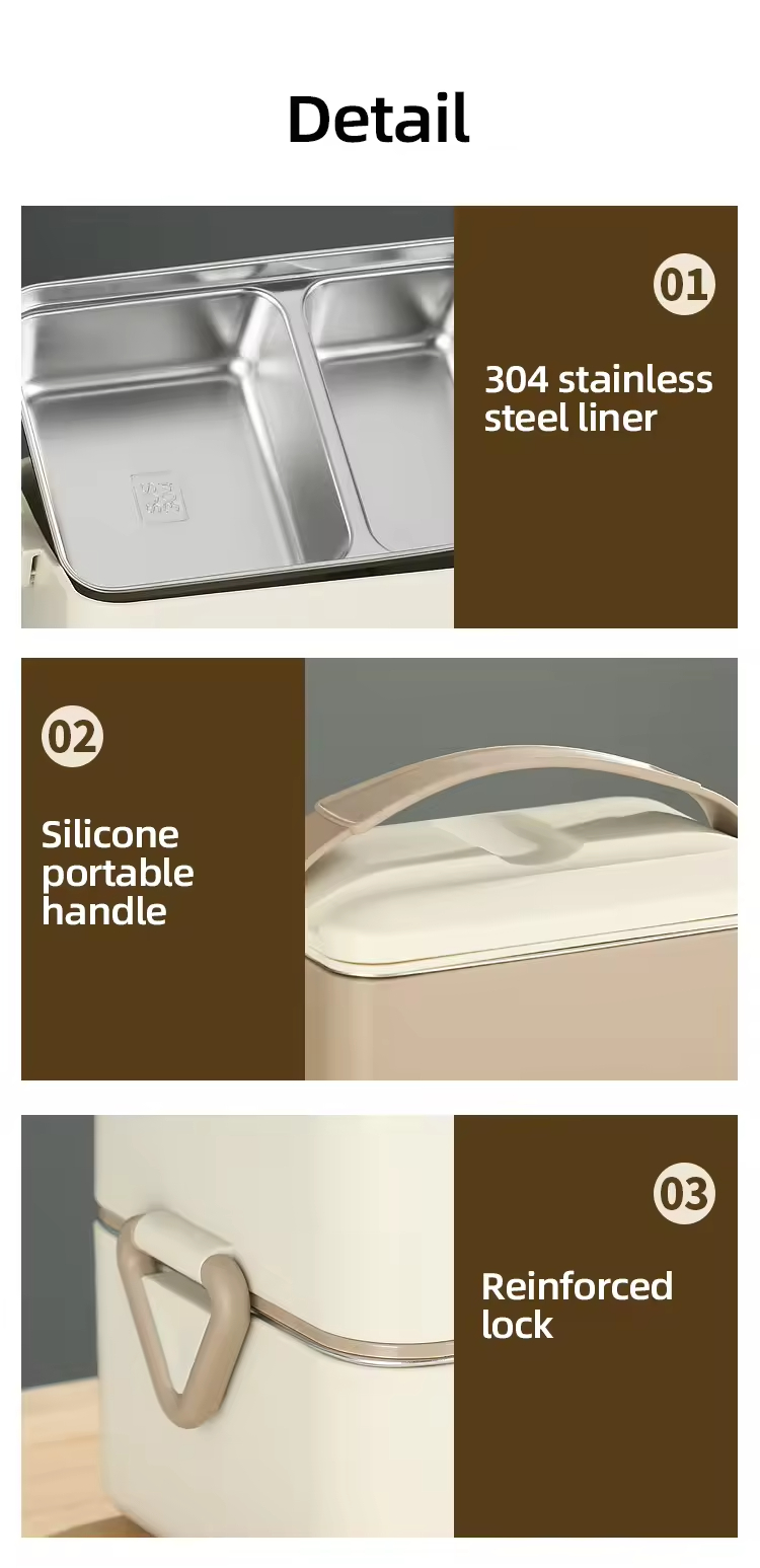 Double Layer 2 Compartments 1600ml Soft Silicon Handle No Leak Seal Buckle Insulated Heat Hot Bento Lunch Box