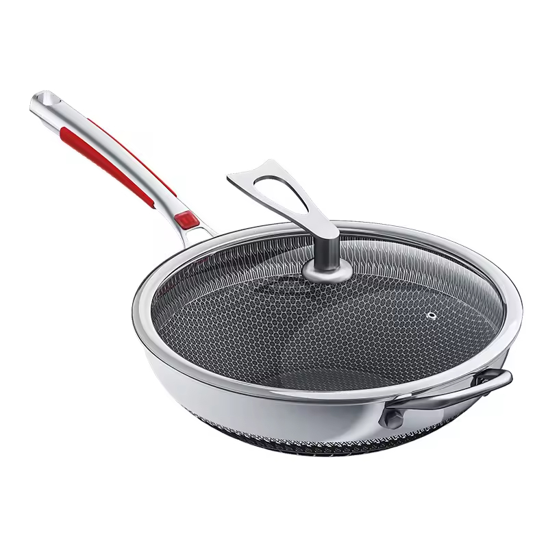 Custom Great Quality Anti Scalding Handle Stainless Steel 316 Double Honeycomb Fast Induction Non Stick Pattern Frying Wok Pan