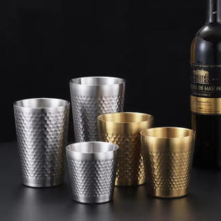 Hammer Pattern Non slip Double Wall Anti Scalding Gold Stainless Steel 304 Party Camping Cola Water Tea Coffee Beer Mug Cup Set