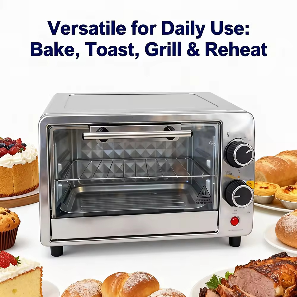 Portable Mini Household 9L Electric Convection Oven Stainless Steel Mechanical Timer Control Light Indicator Overheat Protection