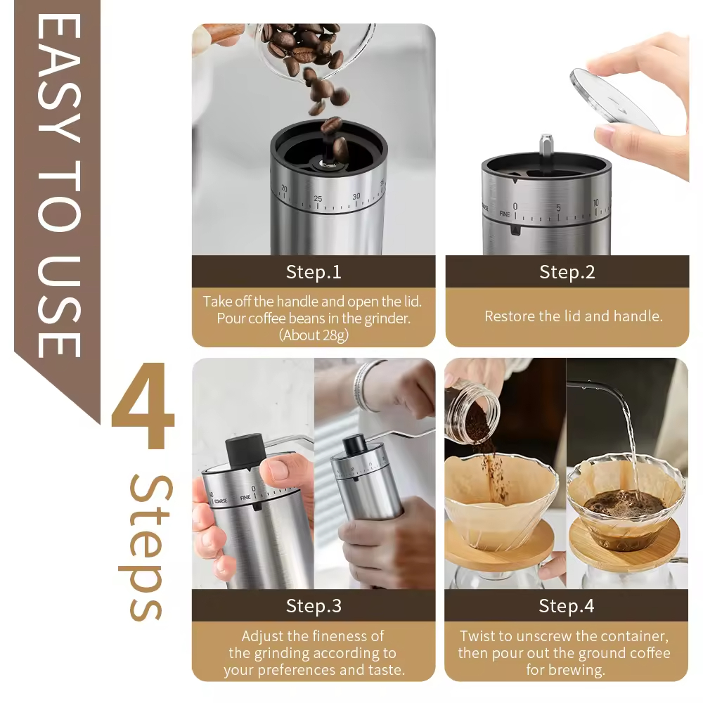 40 Adjustable Settings Stainless Steel Ceramic Core Mini Handle Manual Coffee Bean Grinder Mill with 25 Capacity Visible Lid