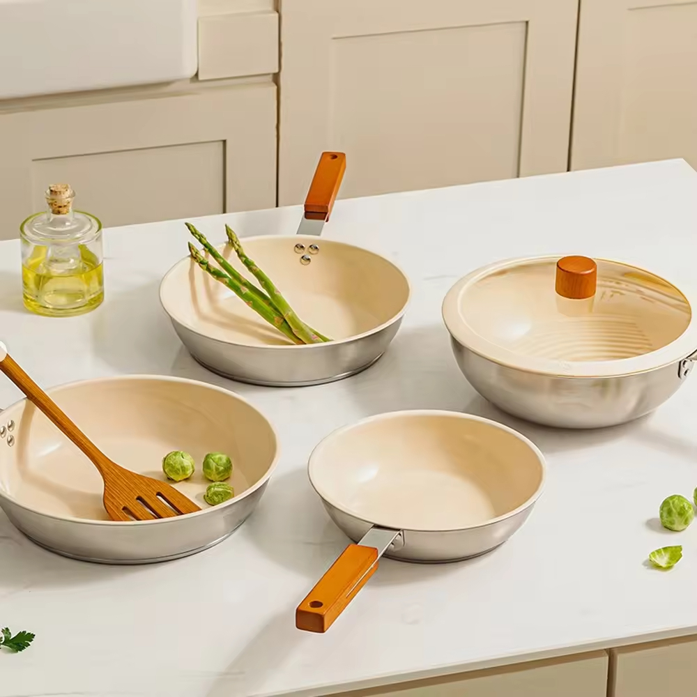 Custom Modern Kitchen Cream Three Layer Bottom Ceramic Glaze Paint Non Stick Stainless Steel 304 Frying Skillet Pan with Lid