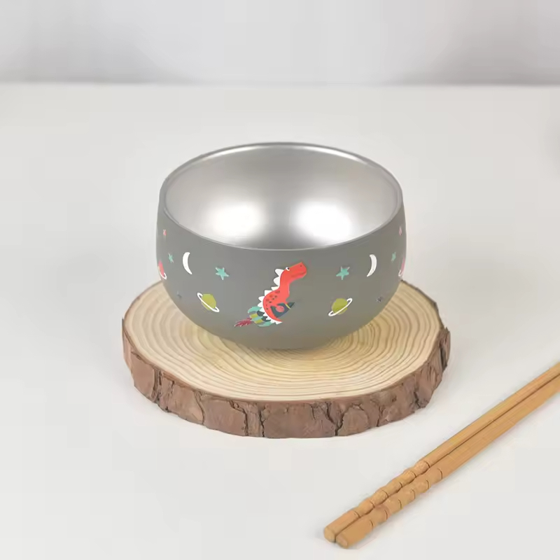 Custom Embossed Cute Pattern Double Wall Heatproof Food Safety Family Metal Sus 316 Easy Cleaning Lunch Dinner Kid Children Bowl
