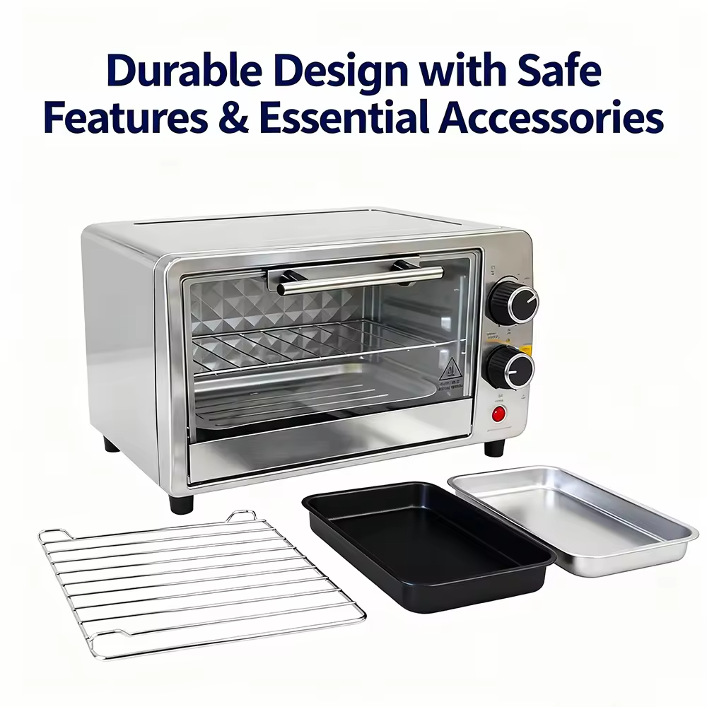 Portable Mini Household 9L Electric Convection Oven Stainless Steel Mechanical Timer Control Light Indicator Overheat Protection