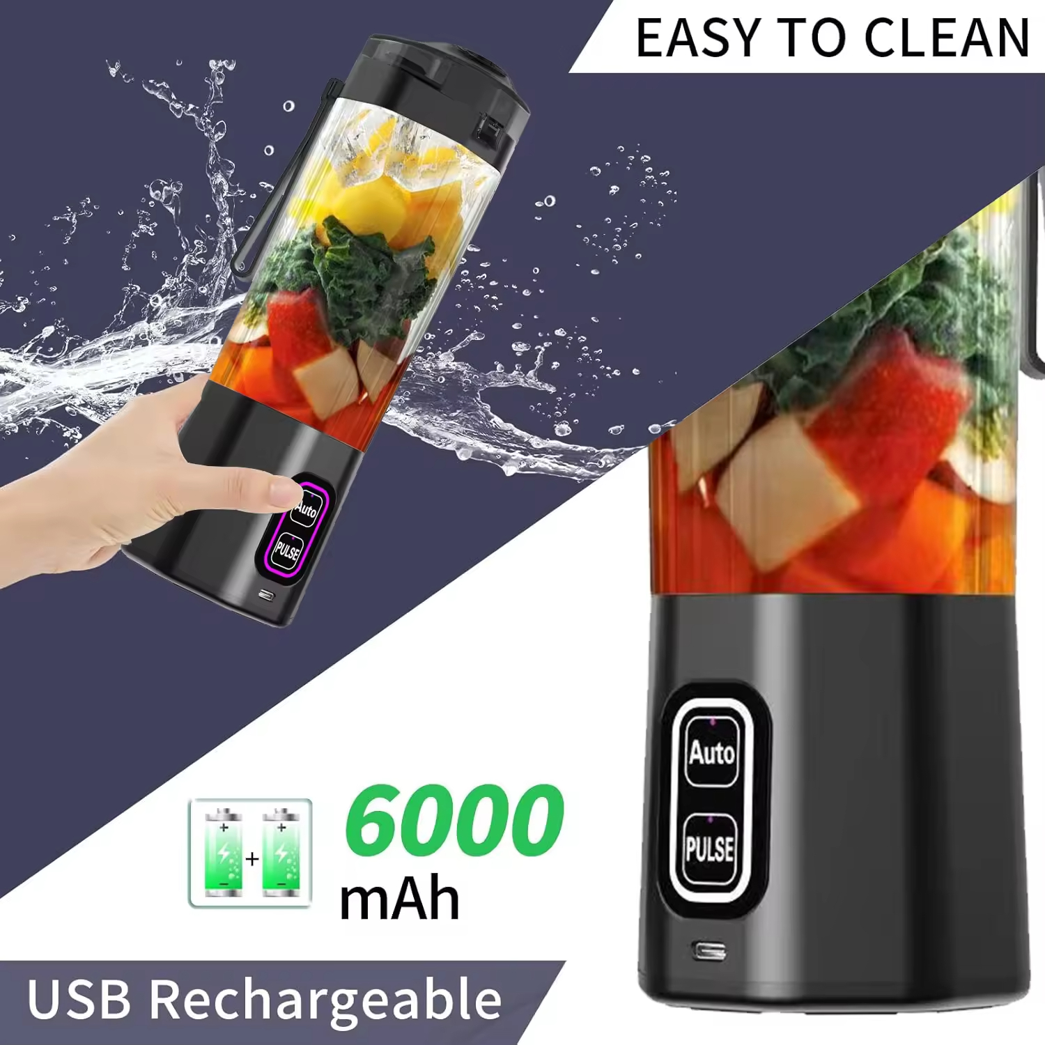 24 Oz 6000mah Shakes Automatic + New Pulse Function Type Juice Cup Rechargeable Portable Blender
