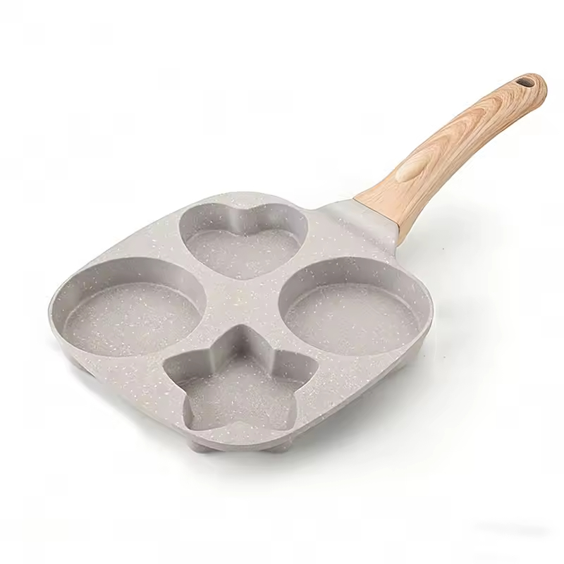 Modern Non-stick Aluminum Square Star Hole Egg Frying Pan 4-Hole Wood Handle 1L Capacity Eco-Friendly Cooking Accessory