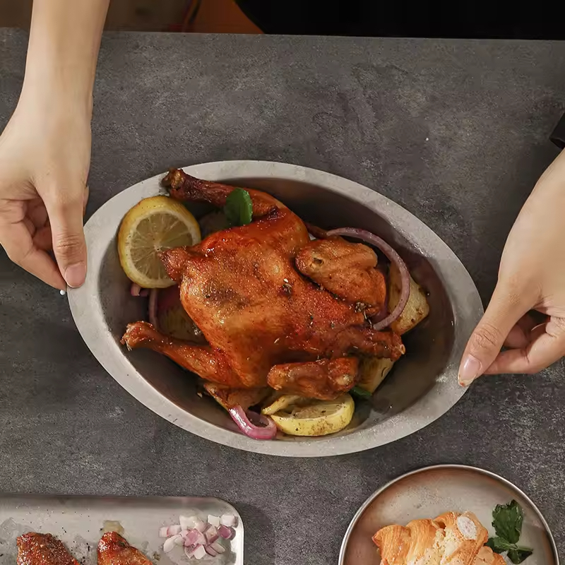 New 0.8 mm 11 Inches Retro Style Decor Stainless Steel 304 Outdoor Party Camping Restaurant Dinner Metal Sushi Oval Plate Dish