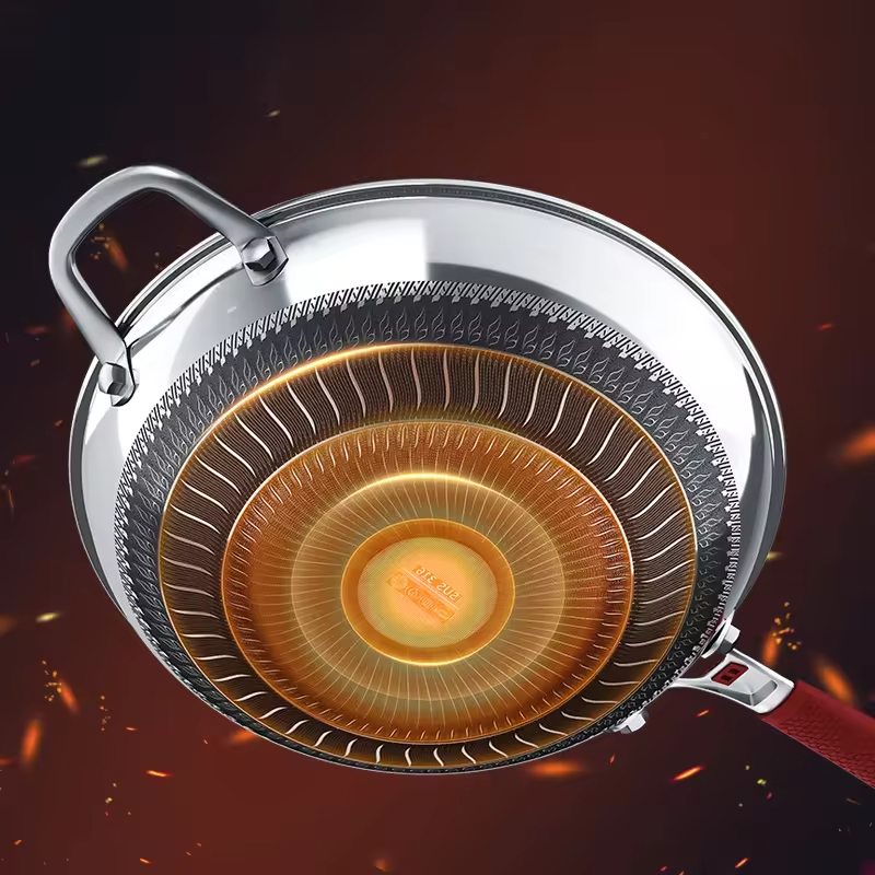 Custom Great Quality Anti Scalding Handle Stainless Steel 316 Double Honeycomb Fast Induction Non Stick Pattern Frying Wok Pan