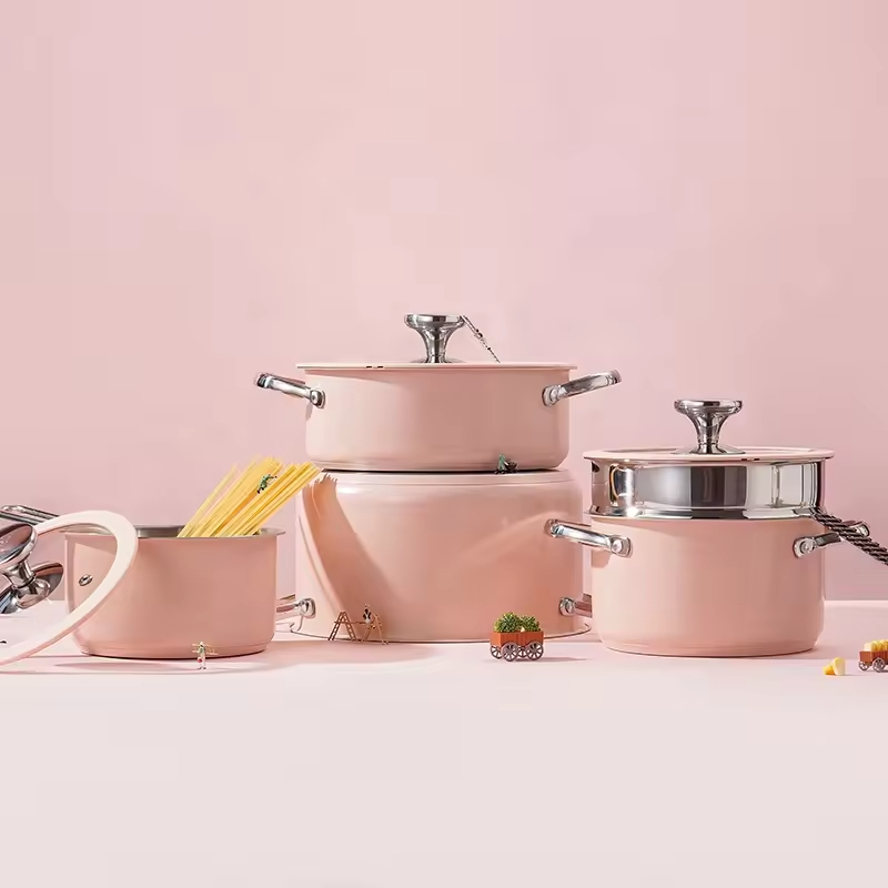 Custom Wholesale Fashion Colored Pink Stainless Steel 304 Kitchenware Induction Casserole Cooking Hot Soup Pot Cookware Sets