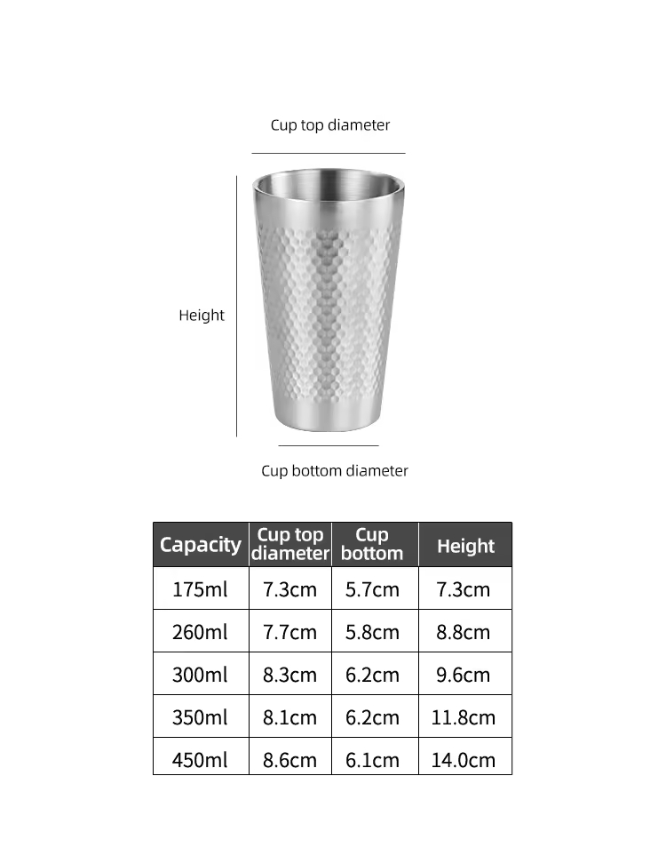 Hammer Pattern Non slip Double Wall Anti Scalding Gold Stainless Steel 304 Party Camping Cola Water Tea Coffee Beer Mug Cup Set