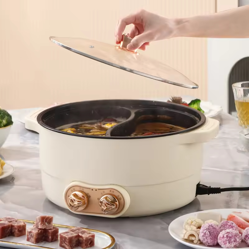 New Design 2 Controller 220v 1600w Fast Working Pottery Crystal Inner Pot Kitchem 2 Compartment Electric Cooker Hot Pot