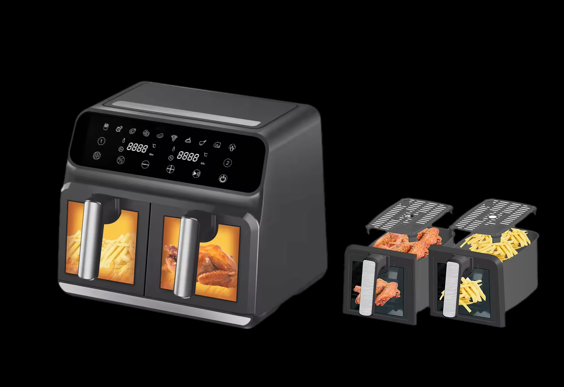 Smart Modern Household Multifunctional Electric LCD Display Baking Plastic 8L Double Basket Air Fryer Oven with French Style