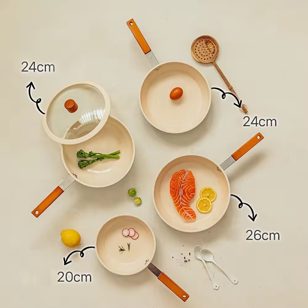 Custom Modern Kitchen Cream Three Layer Bottom Ceramic Glaze Paint Non Stick Stainless Steel 304 Frying Skillet Pan with Lid