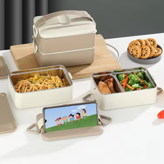 Double Layer 2 Compartments 1600ml Soft Silicon Handle No Leak Seal Buckle Insulated Heat Hot Bento Lunch Box