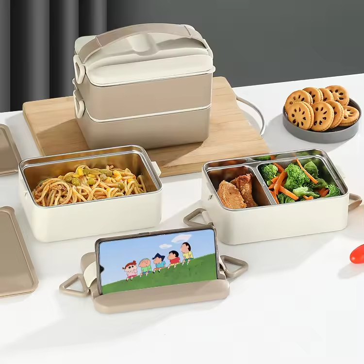 Double Layer 2 Compartments 1600ml Soft Silicon Handle No Leak Seal Buckle Insulated Heat Hot Bento Lunch Box